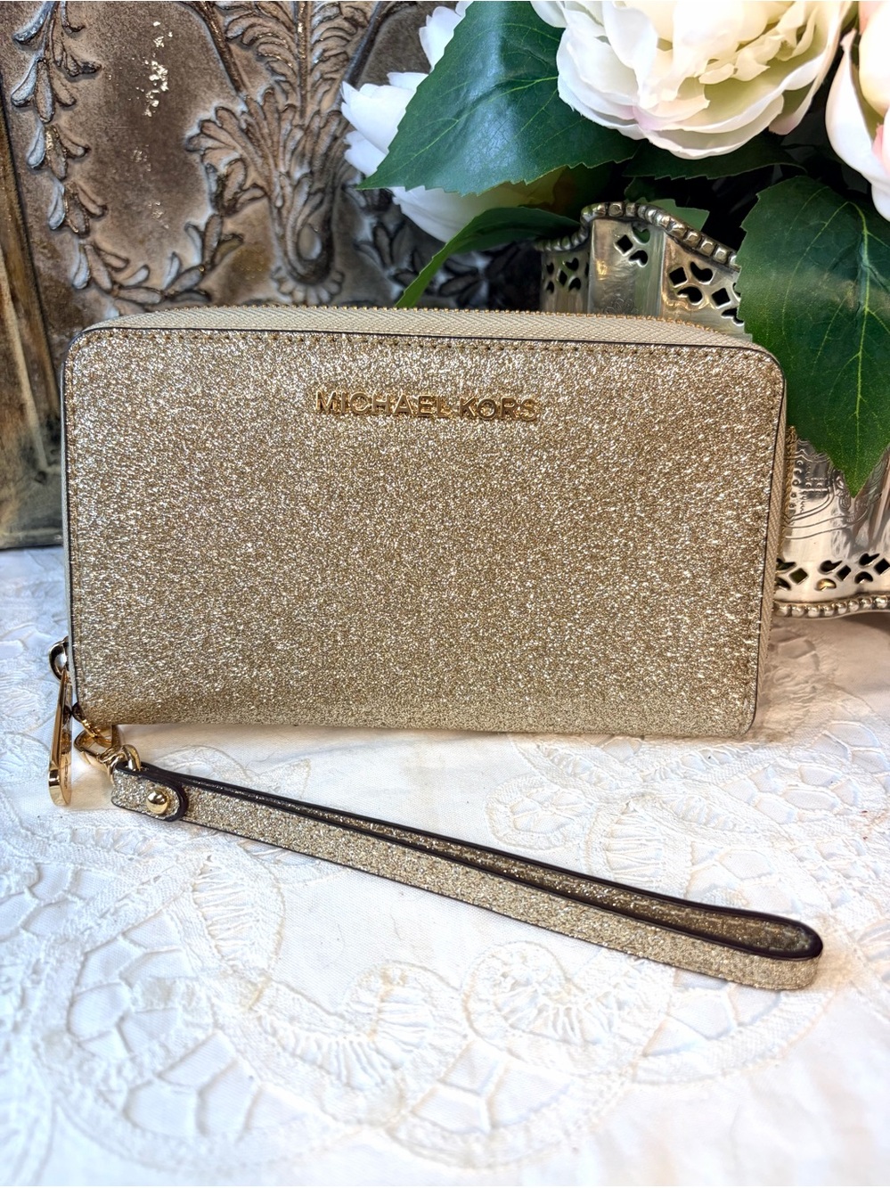 Michael Kors gold glitter leather wristlet wallet